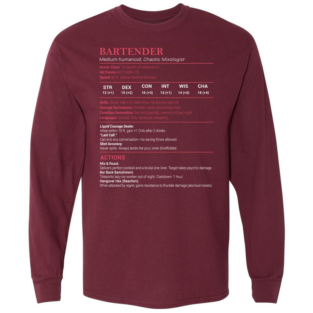 Bartender Stats Long Sleeve T-Shirt - Maroon - 11