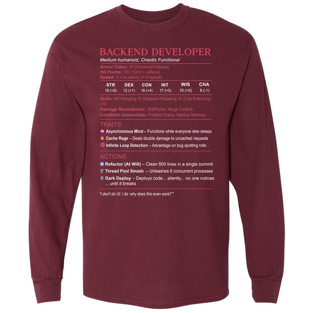 Backend Developer Stats Long Sleeve T-Shirt - Maroon - 11