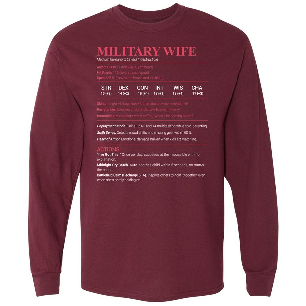 Military Wife Stats Long Sleeve T-Shirt - Maroon - 11
