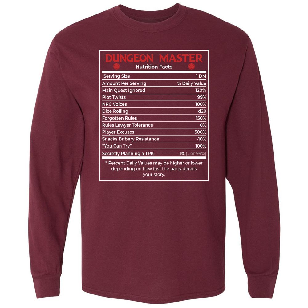 Dungeon Master Nutrition Facts Long Sleeve T-Shirt - Maroon - 11