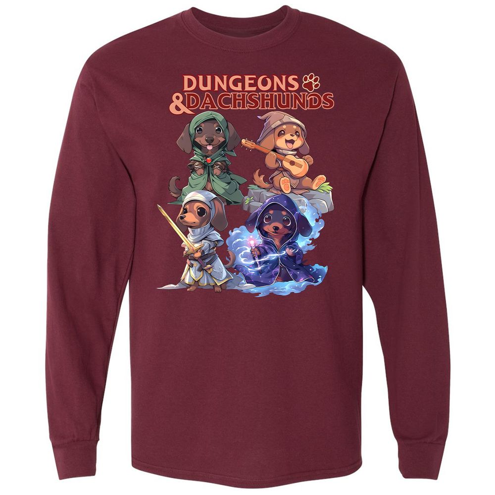 Dungeons & Dachshunds Long Sleeve T-Shirt - Maroon - 11