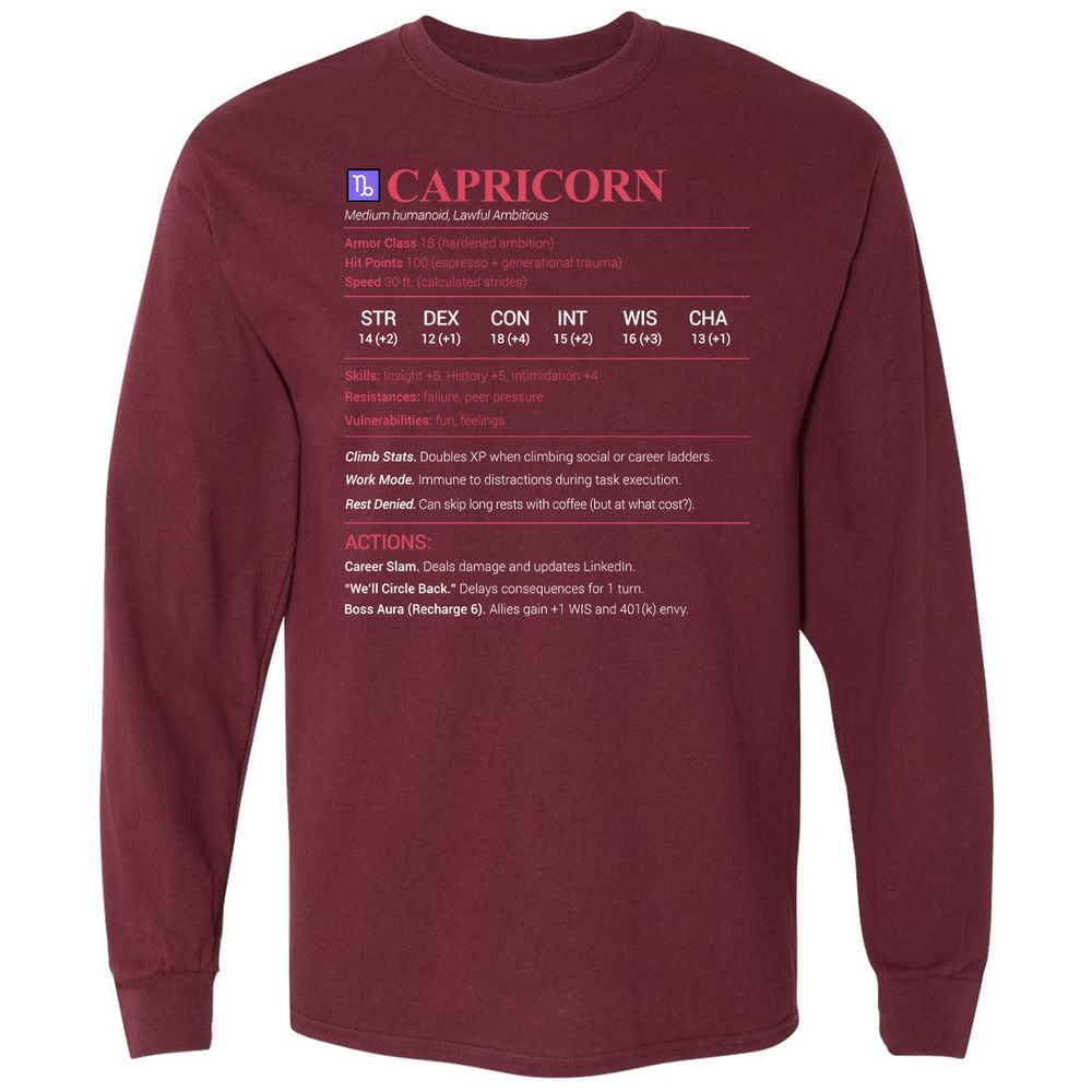 Capricorn Stats Long Sleeve T-Shirt - Maroon - 11