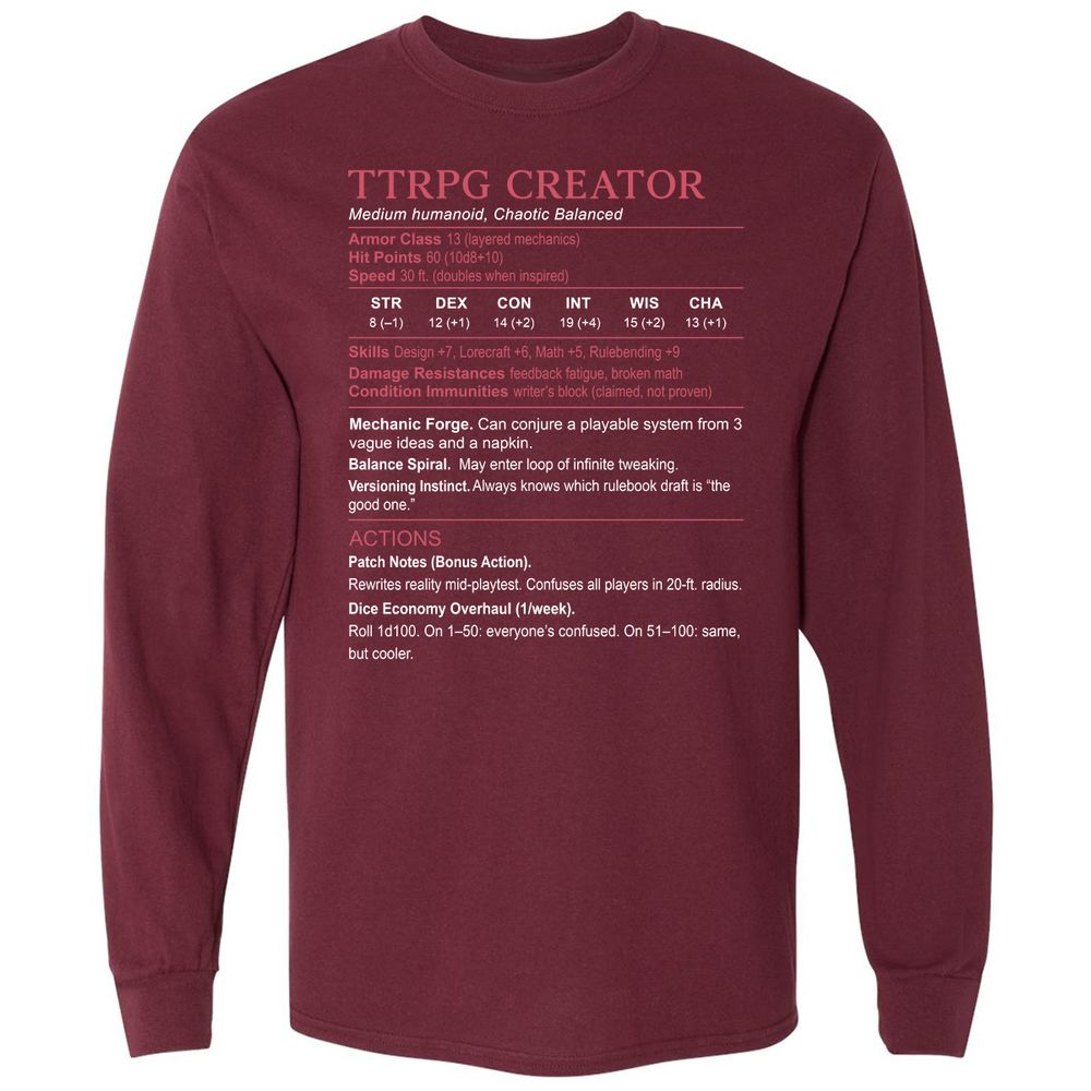 TTRPG Creator Stats Long Sleeve T-Shirt - Maroon - 11