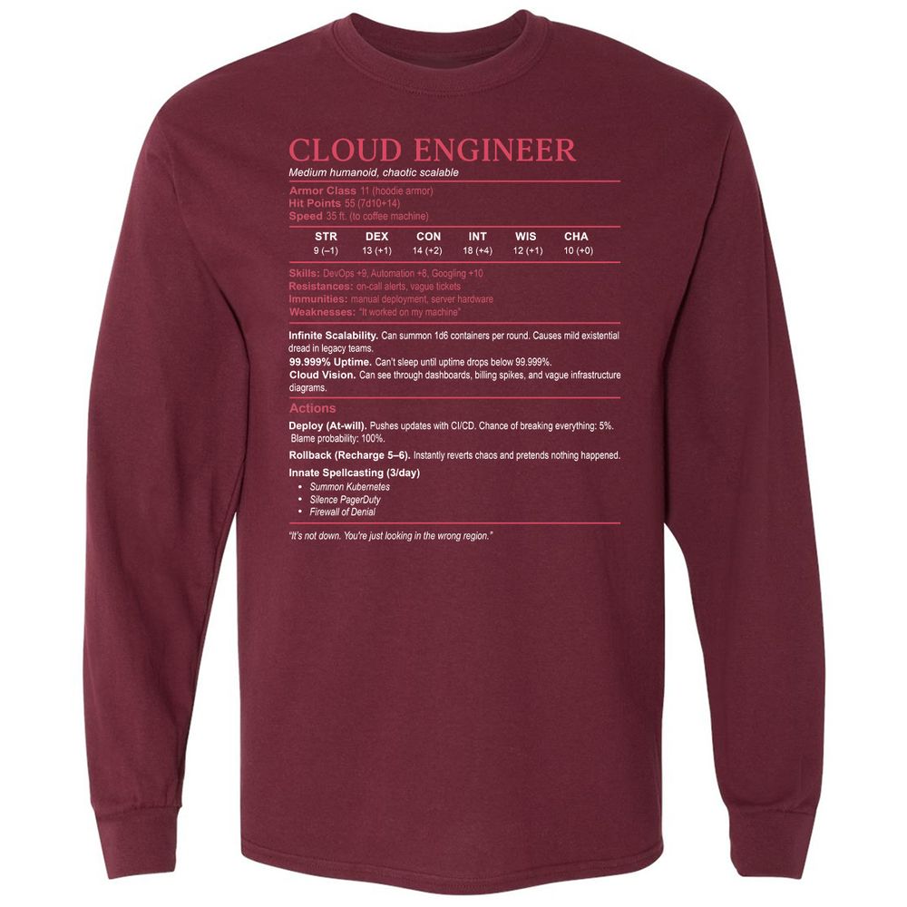 Cloud Engineer Stats Long Sleeve T-Shirt - Maroon - 11