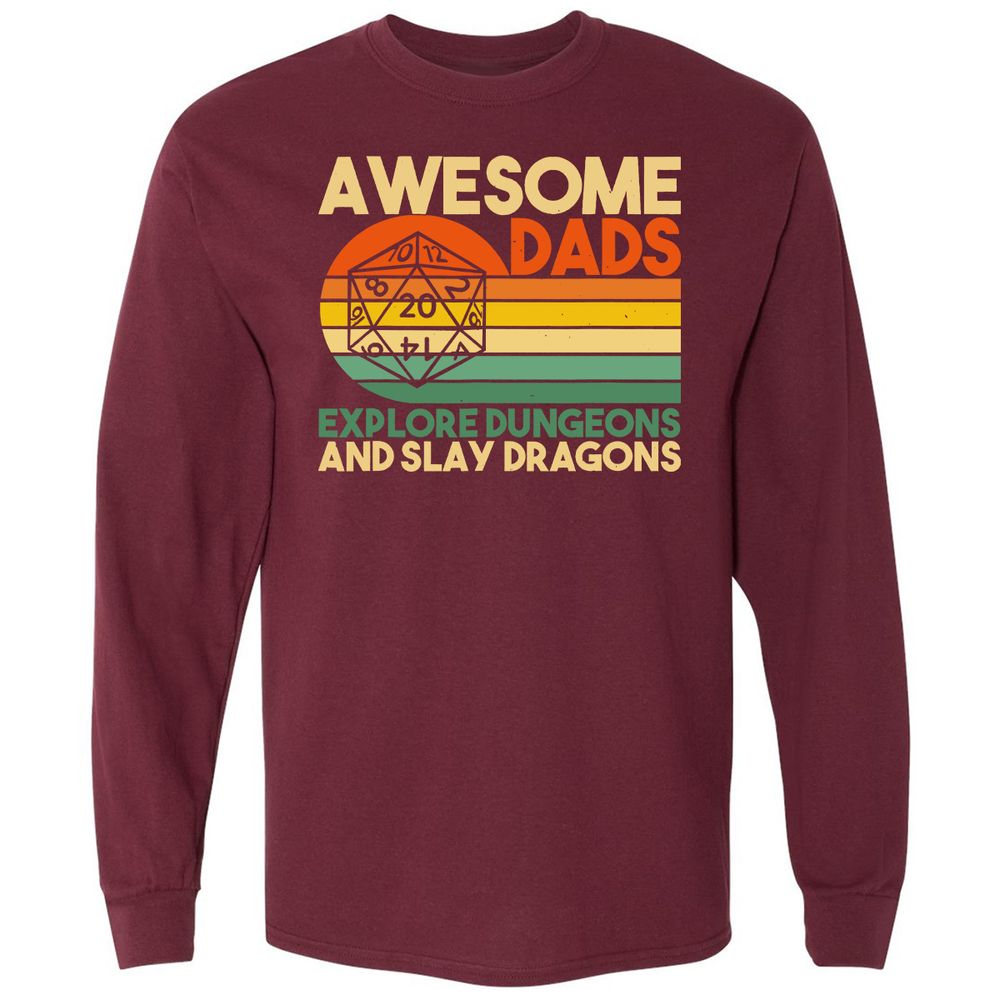 Awesome Dad Explore Dungeons Slay Dragons Long Sleeve T-Shirt - Maroon - 11