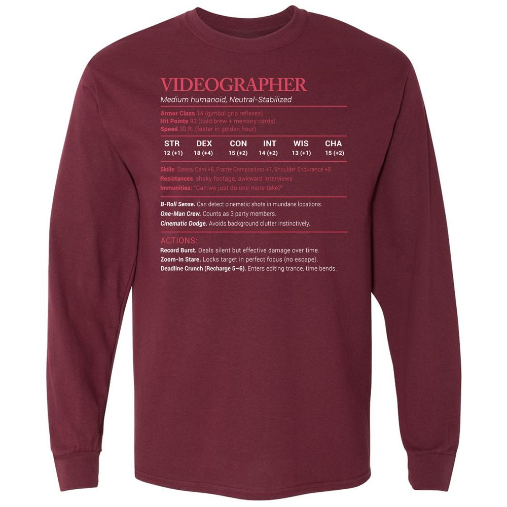 Videographer Stats Long Sleeve T-Shirt - Maroon - 11