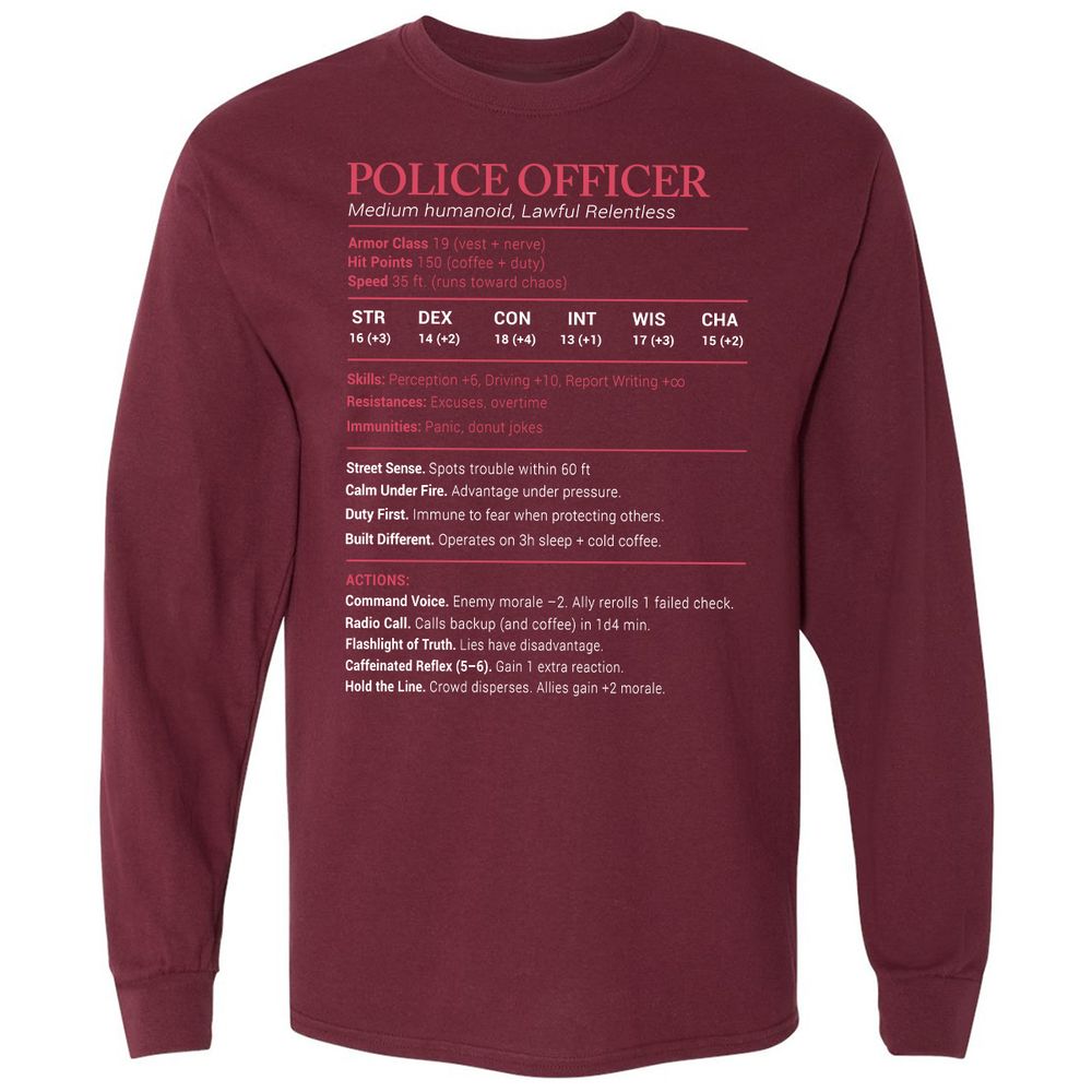 Police Officer Stats Long Sleeve T-Shirt - Maroon - 11