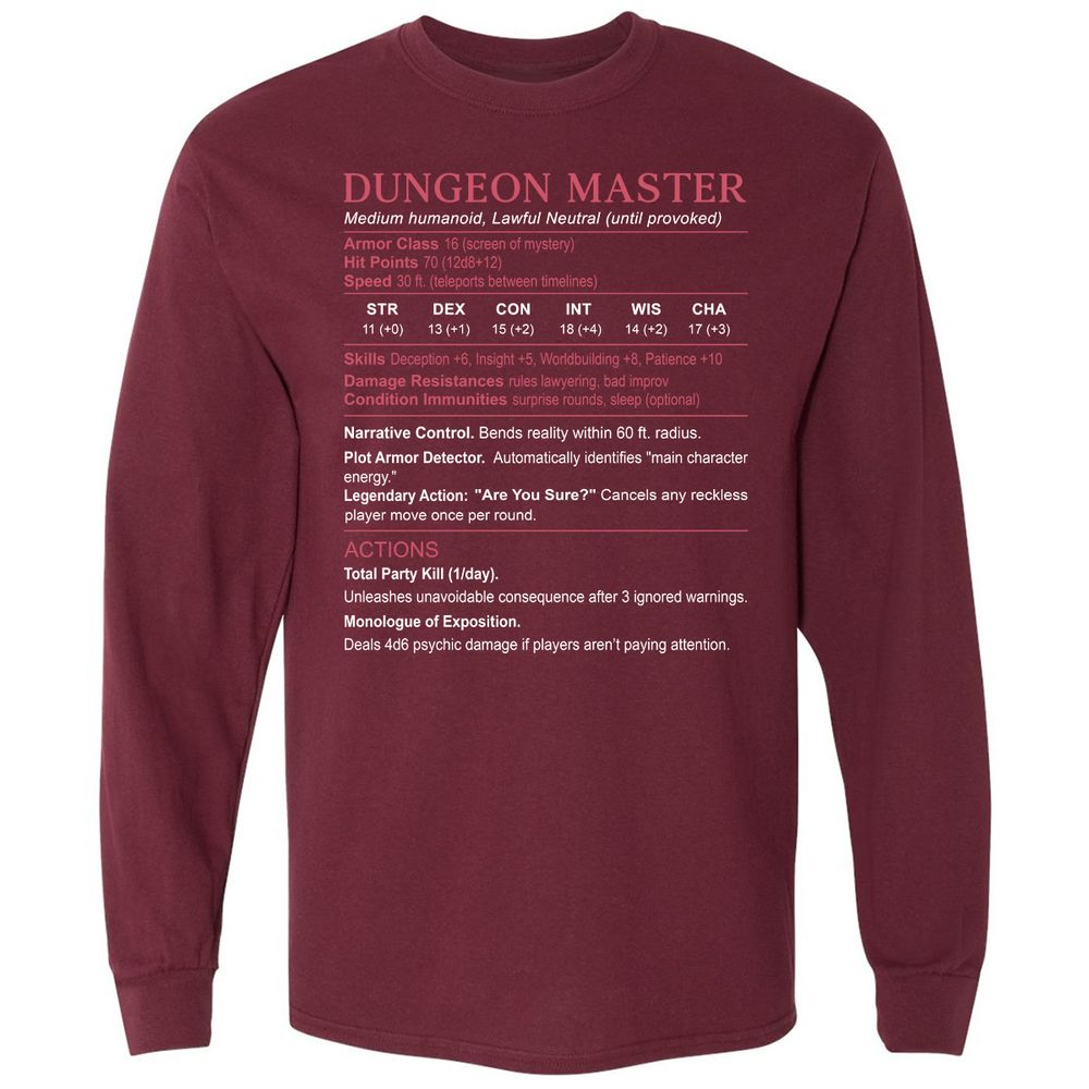 Dungeon Master Stats Long Sleeve T-Shirt - Maroon - 11