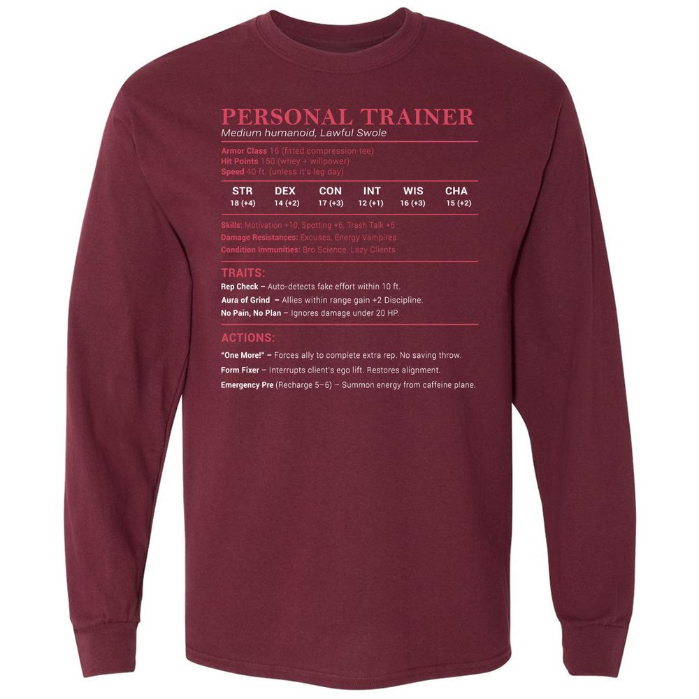 Personal Trainer PT Stats Long Sleeve T-Shirt - Maroon - 11