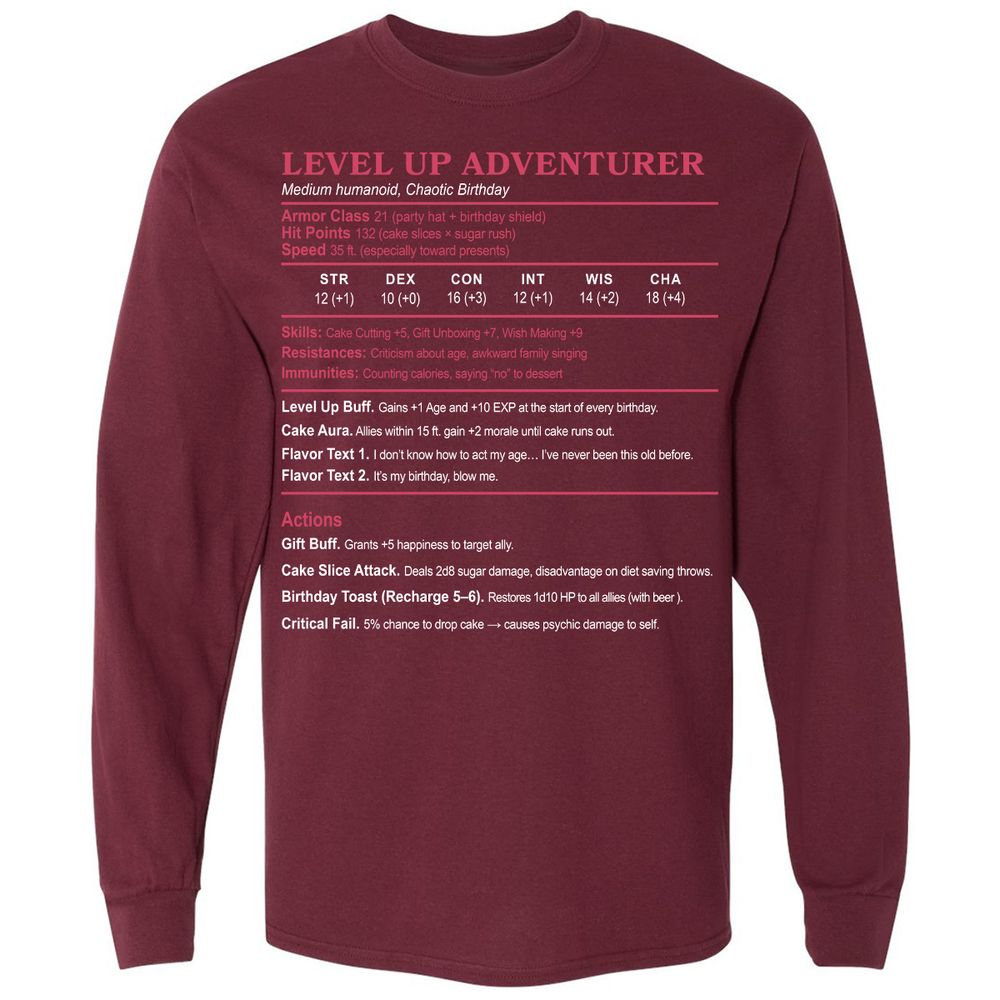 Level Up Adventurer Long Sleeve T-Shirt - Maroon - 11