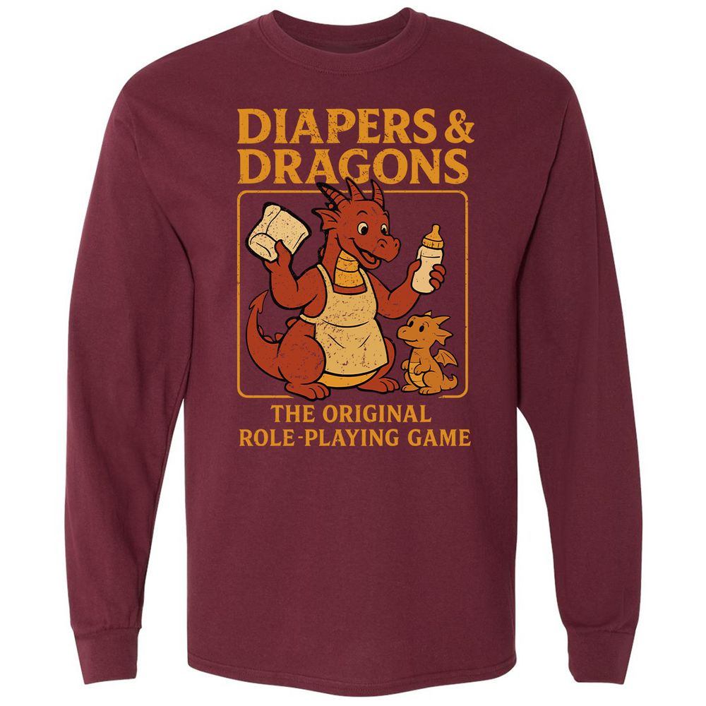 Diapers & Dragons Long Sleeve T-Shirt - Maroon - 11