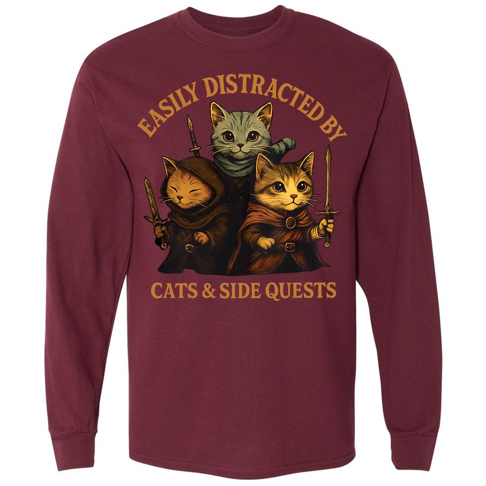 Easily Distracted By Cats & Side Quests Long Sleeve T-Shirt - Maroon - 11