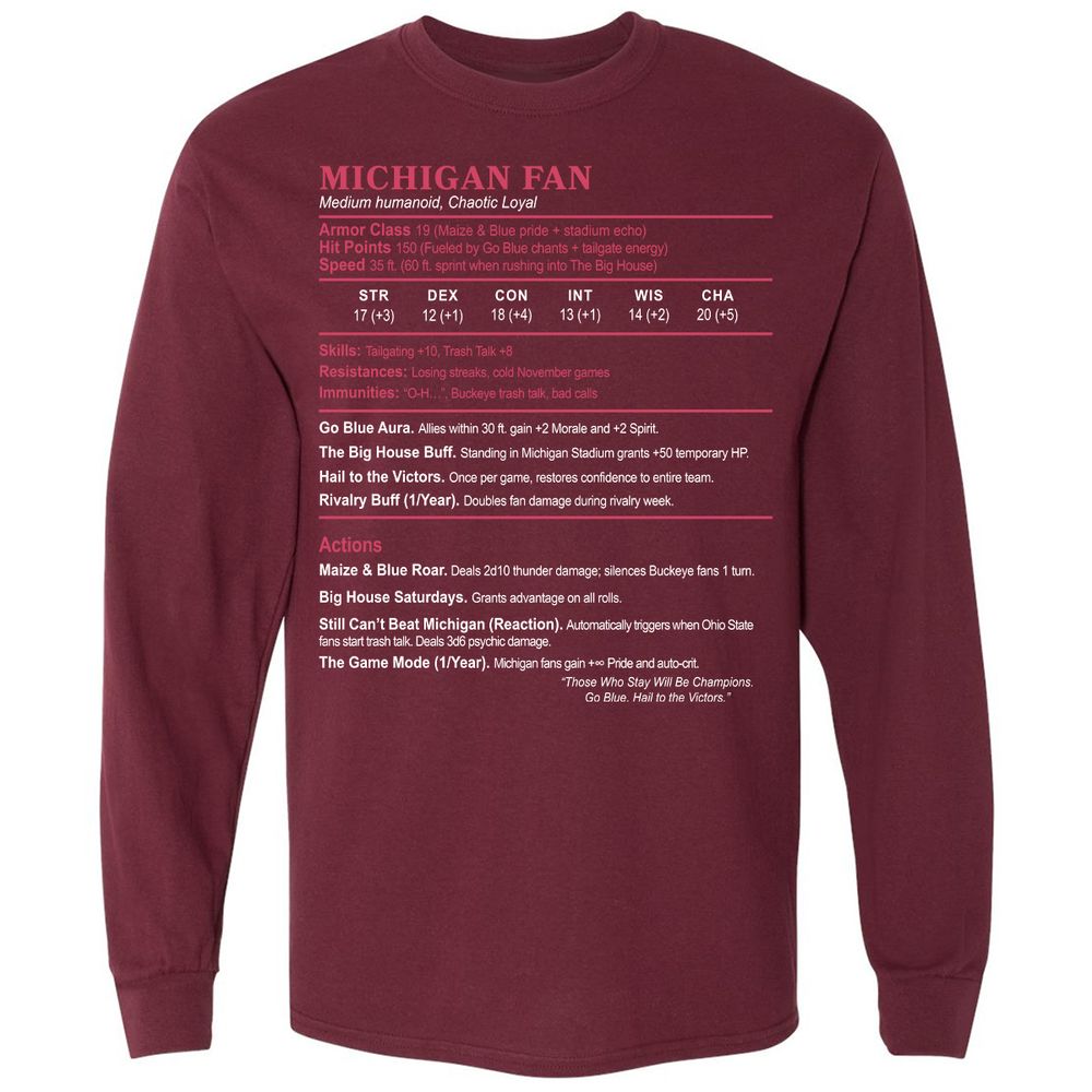 MICHIGAN FAN Long Sleeve T-Shirt - Maroon - 11