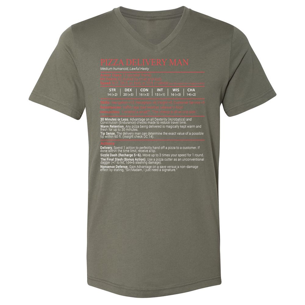 Pizza Delivery Man Stats Block Unisex V-Neck T-Shirt - Military Green - 11