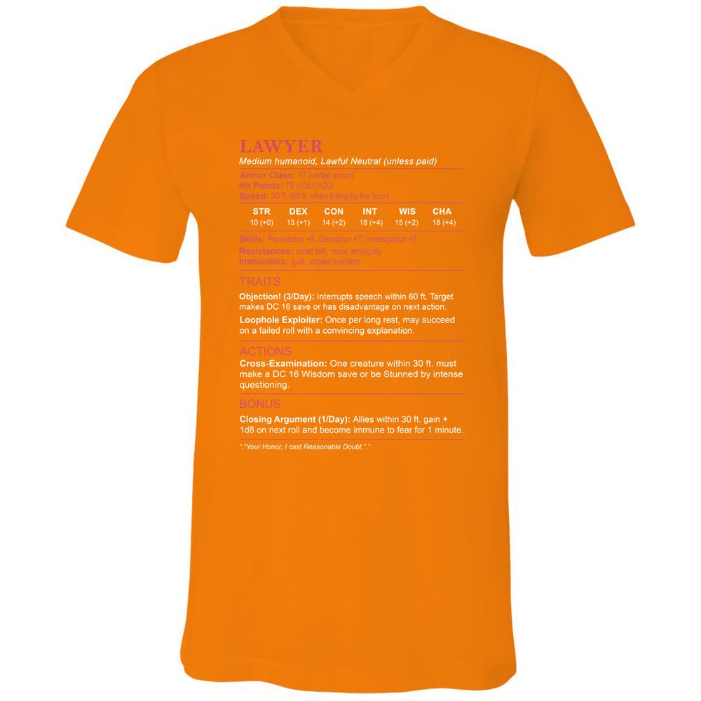 Lawyer Stats Unisex V-Neck T-Shirt - Orange - 11