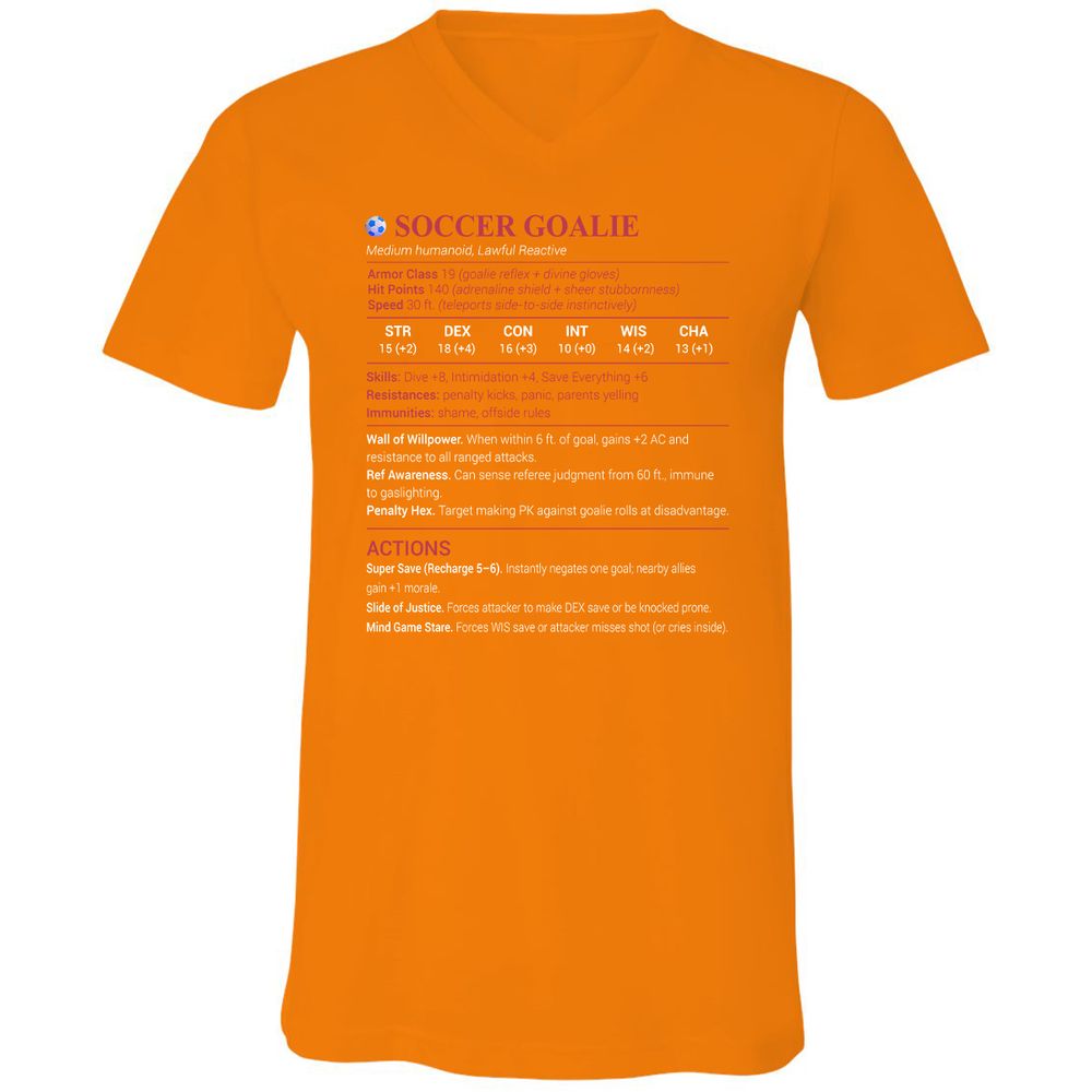 Soccer Goalie Unisex V-Neck T-Shirt - Orange - 11