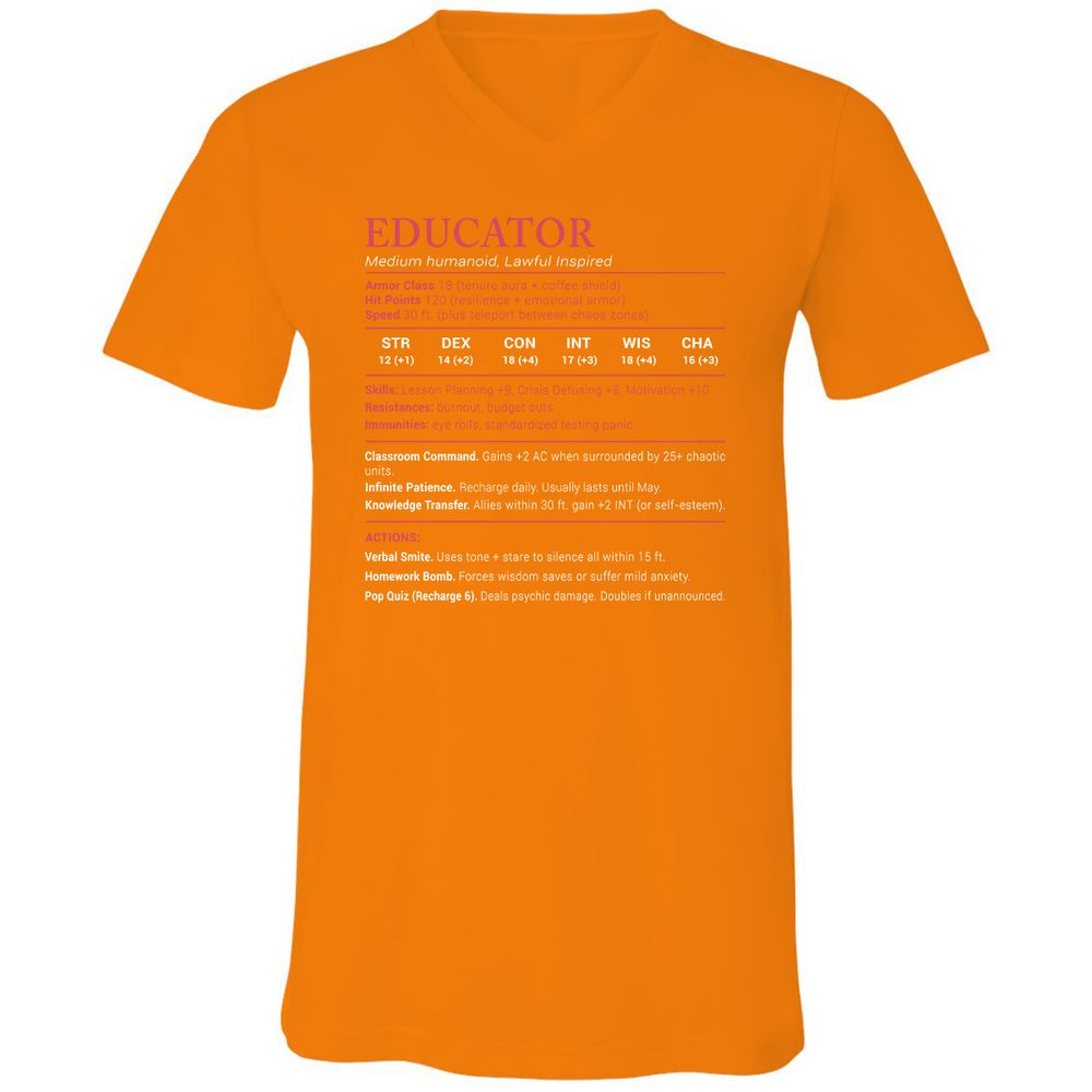 Educator Stats Unisex V-Neck T-Shirt - Orange - 11