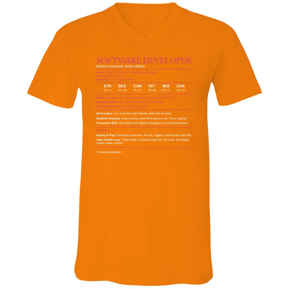 Software Developer Stats Unisex V-Neck T-Shirt - Orange - 11