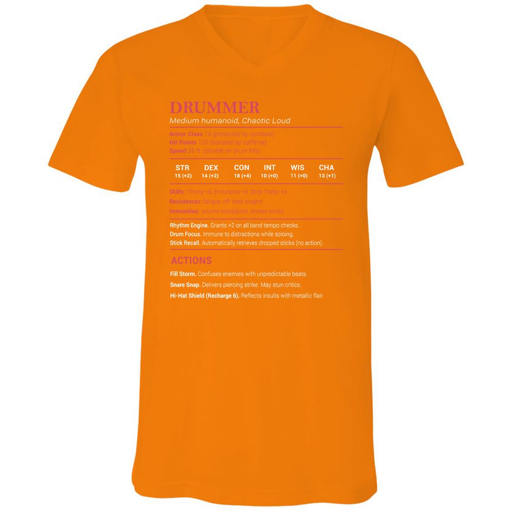 Drummer Stats Unisex V-Neck T-Shirt - Orange - 11