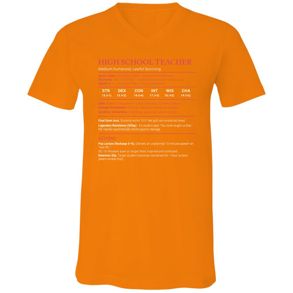 High School Teacher Stats Unisex V-Neck T-Shirt - Orange - 11