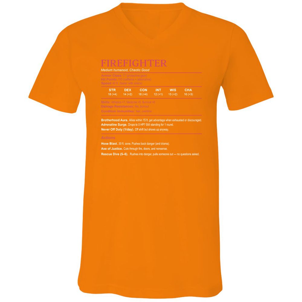 Firefighter Stats Unisex V-Neck T-Shirt - Orange - 11