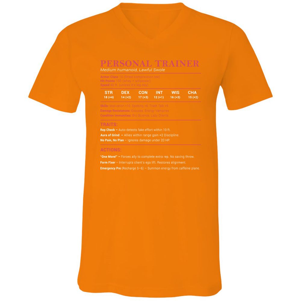 Personal Trainer PT Stats Unisex V-Neck T-Shirt - Orange - 11