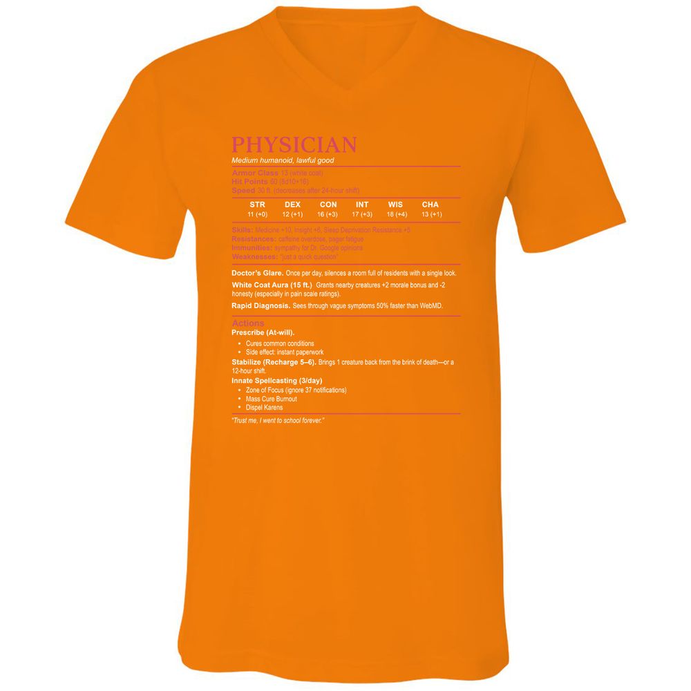 Physician Stats Unisex V-Neck T-Shirt - Orange - 11
