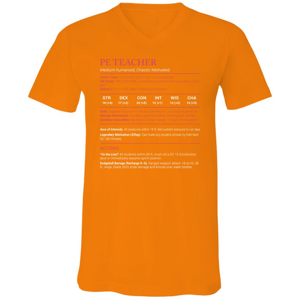 PE Teacher Stats Unisex V-Neck T-Shirt - Orange - 11