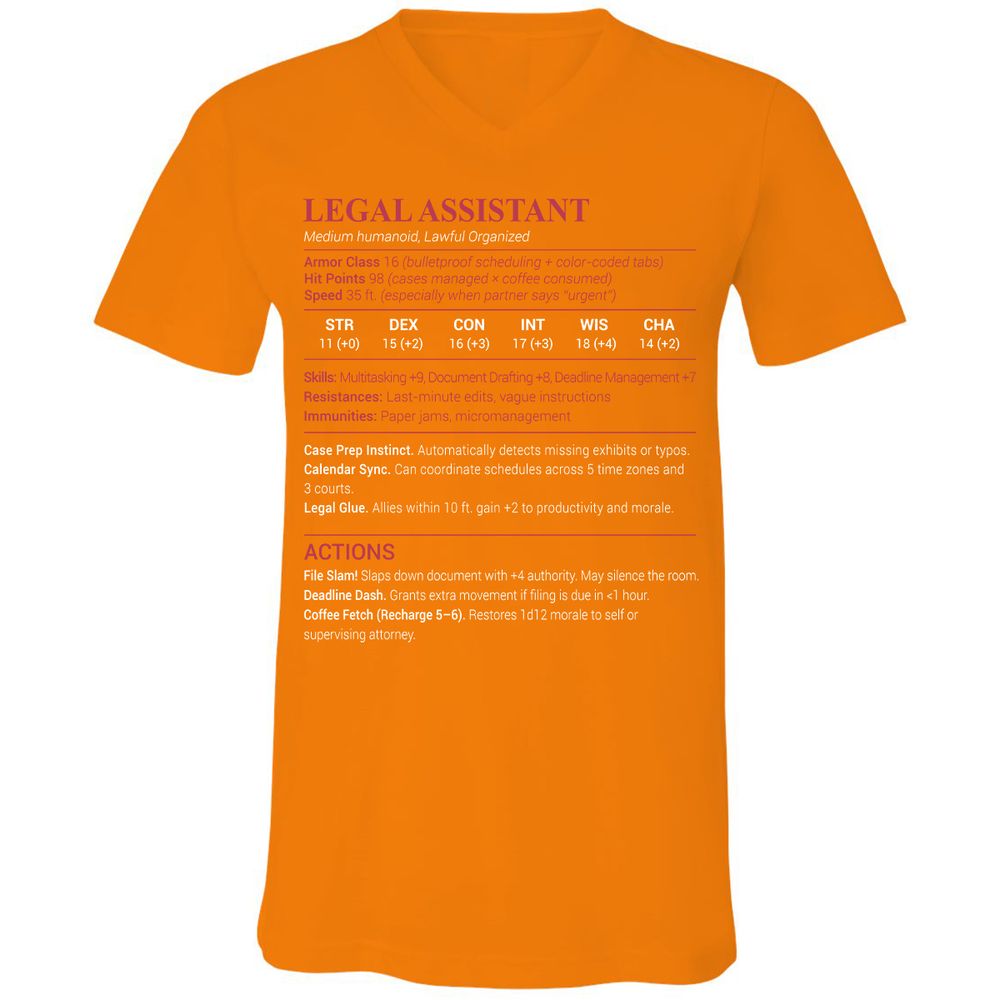 Legal Assistant Unisex V-Neck T-Shirt - Orange - 11