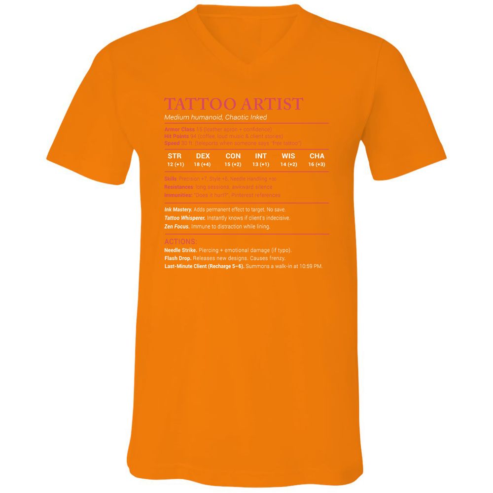 Tattoo Artist Stats Unisex V-Neck T-Shirt - Orange - 11