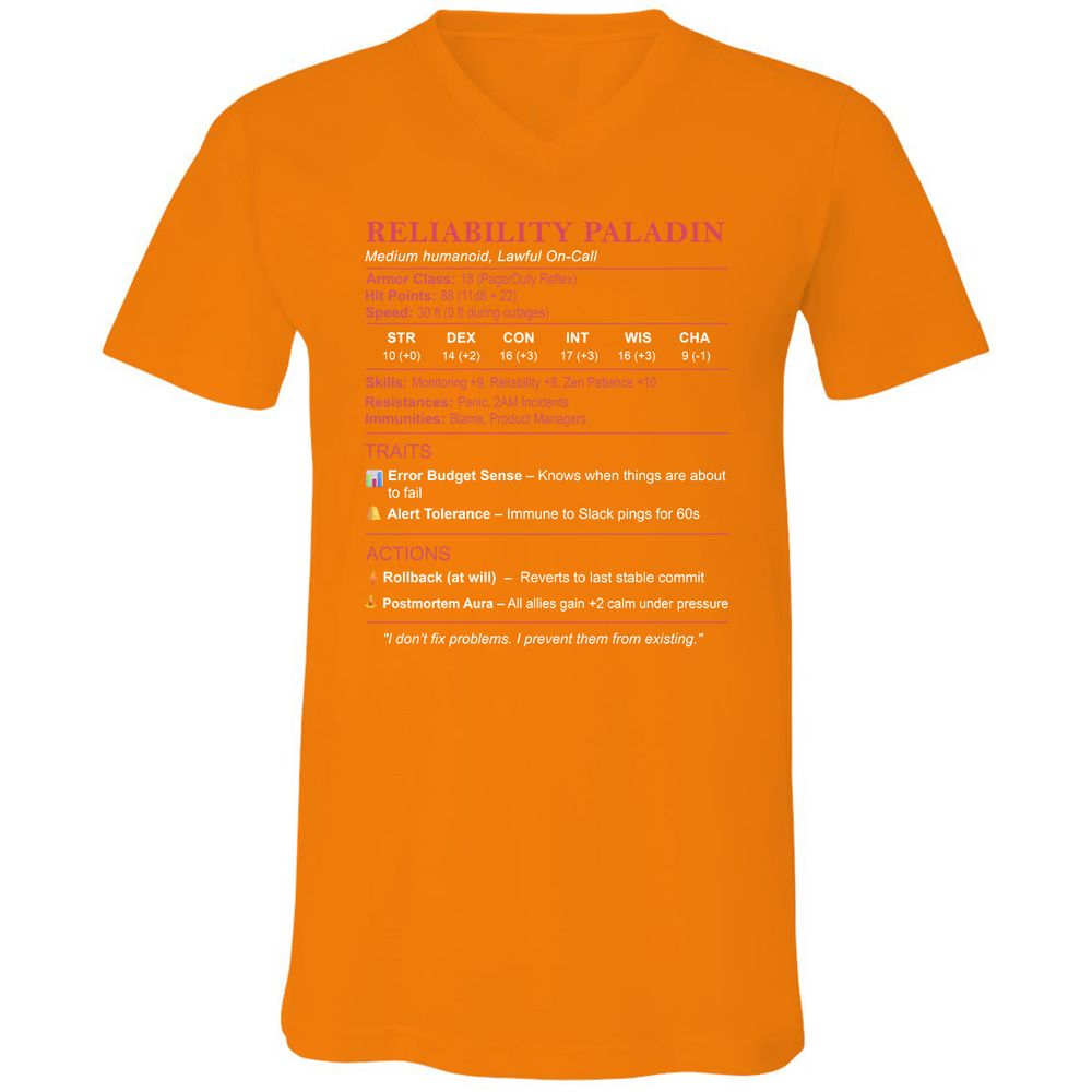 SRE Stats (Reliability Paladin) Unisex V-Neck T-Shirt - Orange - 11