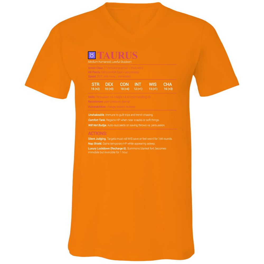 Taurus Stats Unisex V-Neck T-Shirt - Orange - 11