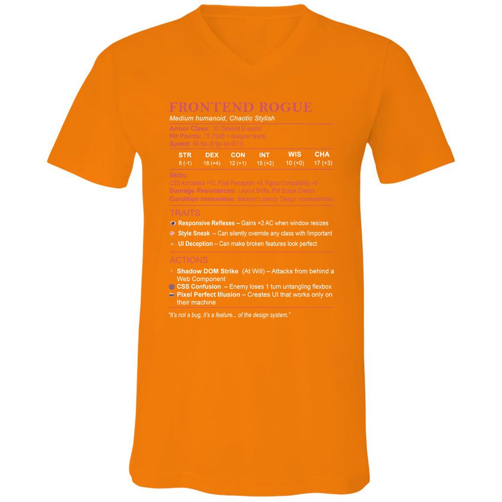 Frontend Rogue Unisex V-Neck T-Shirt - Orange - 11