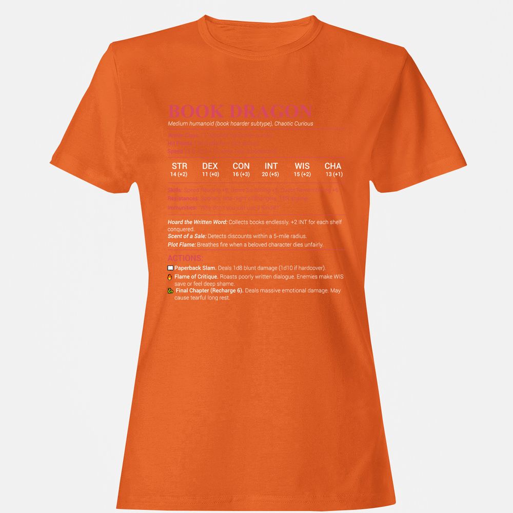 Book Dragon Stats Women's T-Shirt - Orange - 11