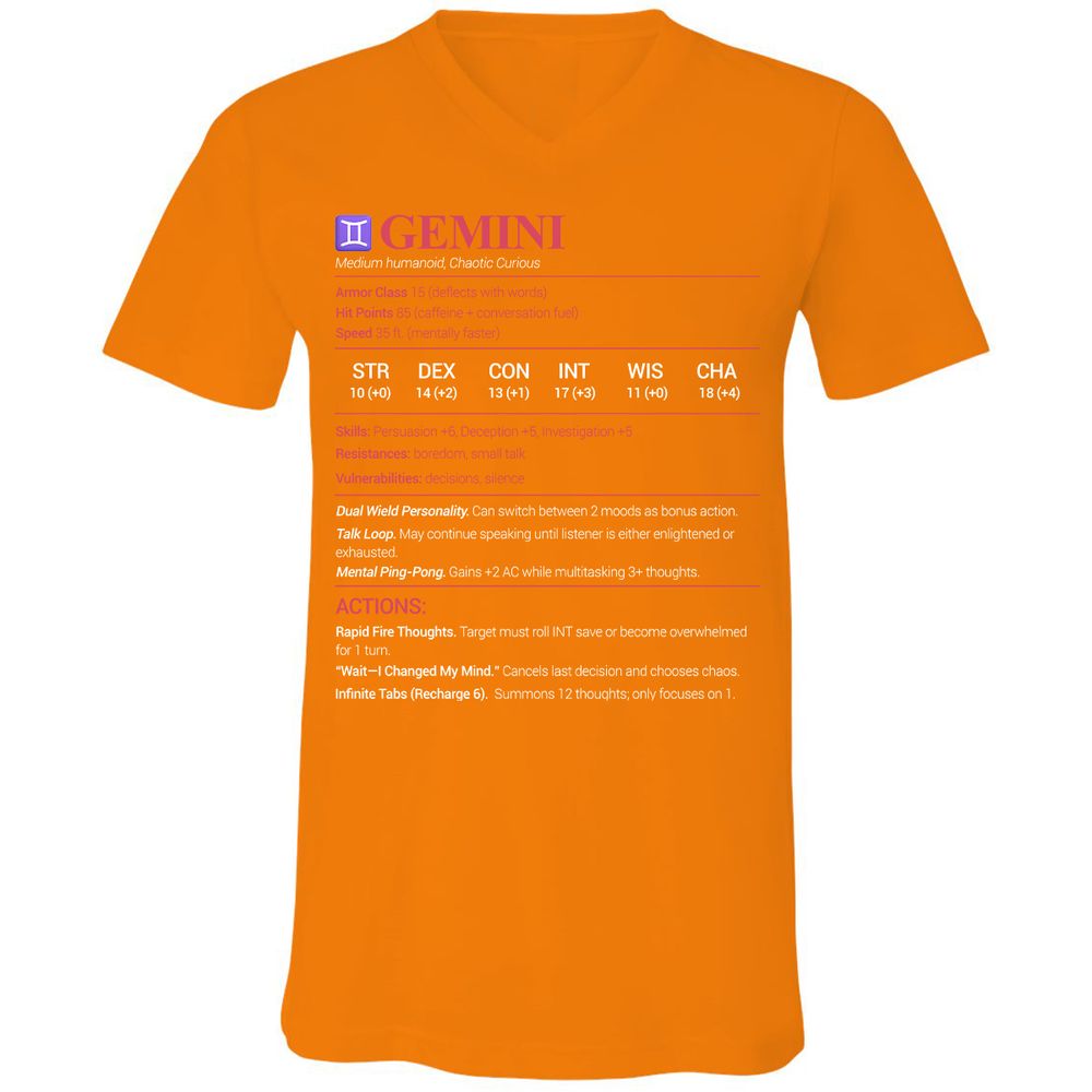 Gemini Stats Unisex V-Neck T-Shirt - Orange - 11