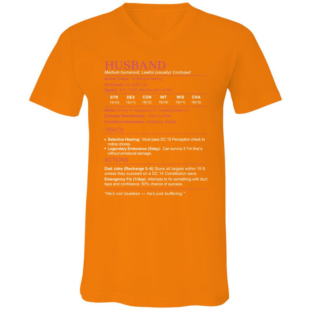 Husband Stats Unisex V-Neck T-Shirt - Orange - 11