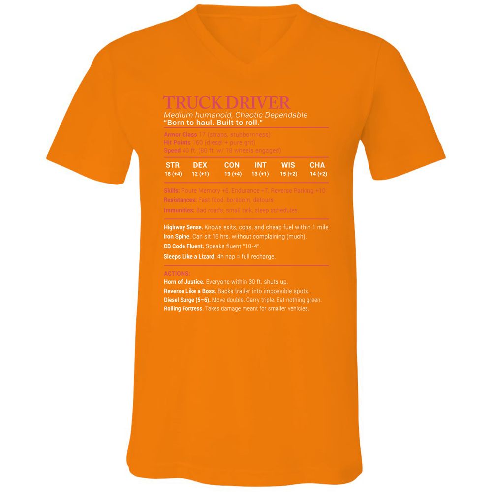 Truck Driver Stats Unisex V-Neck T-Shirt - Orange - 11