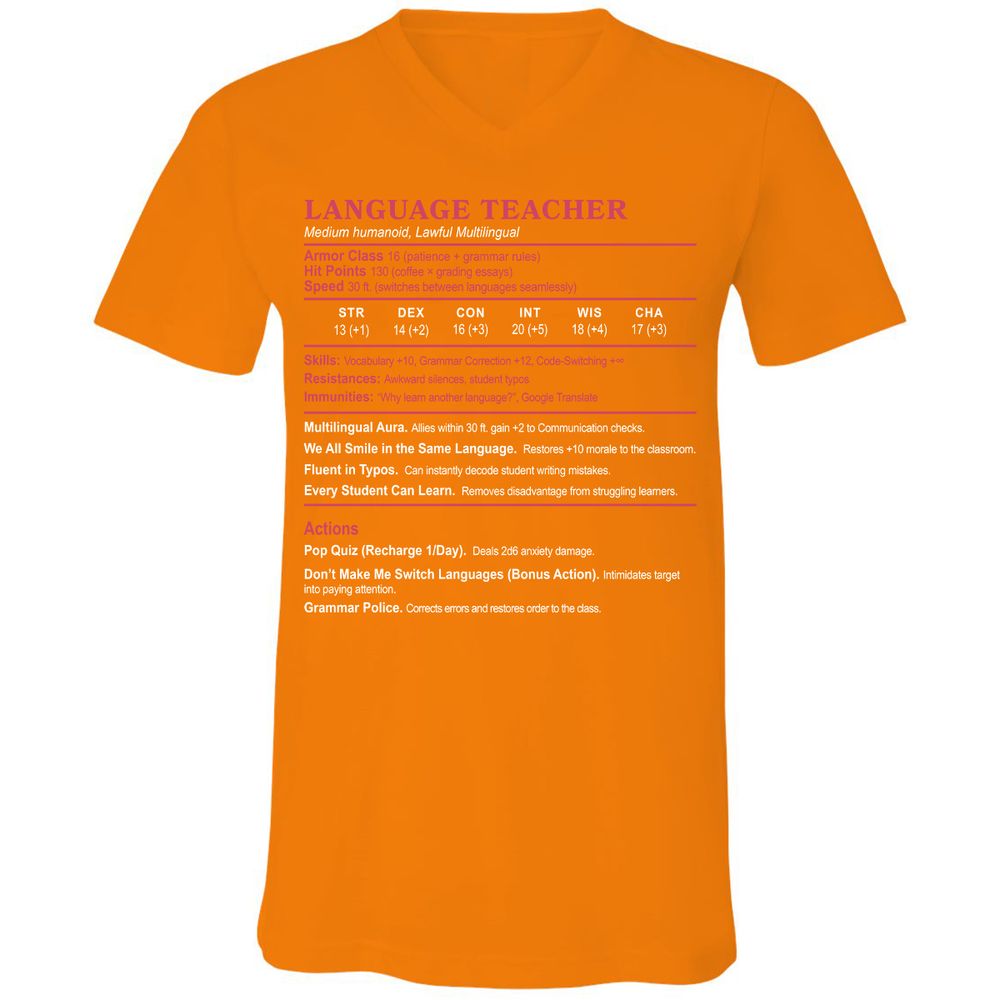 Language Teacher Unisex V-Neck T-Shirt - Orange - 11