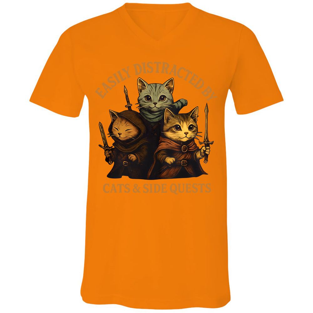 Easily Distracted By Cats & Side Quests Unisex V-Neck T-Shirt - Orange - 11