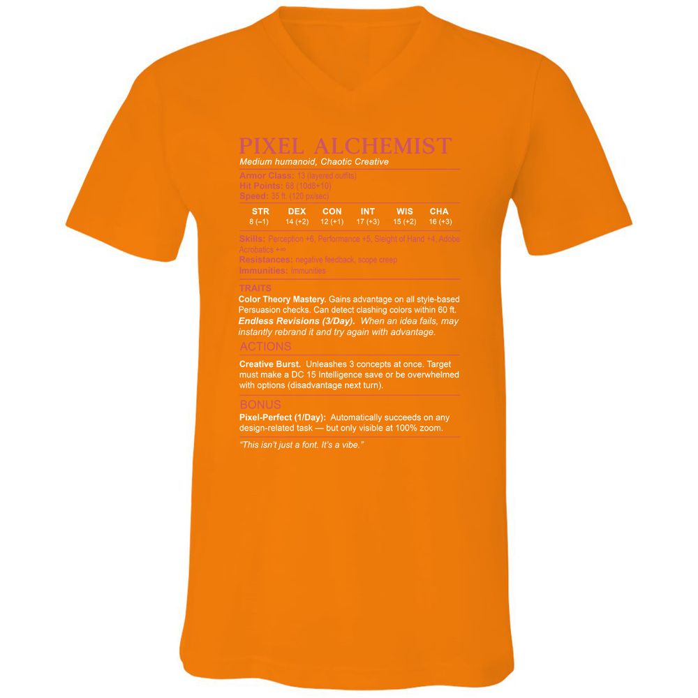 Designer Stats (Pixel Alchemist) Unisex V-Neck T-Shirt - Orange - 11