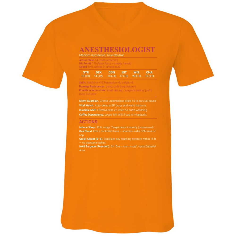 Anesthesiologist Stats Unisex V-Neck T-Shirt - Orange - 11