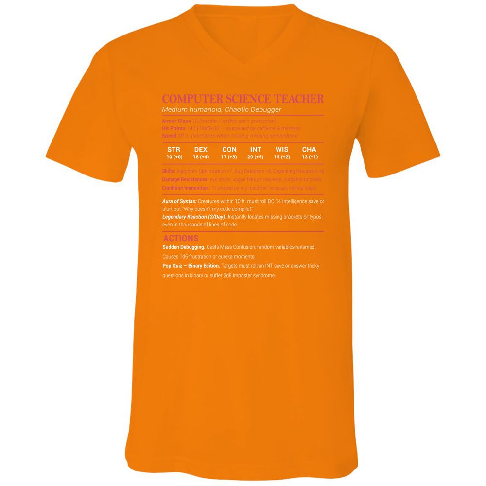 Computer Science Teacher Unisex V-Neck T-Shirt - Orange - 11