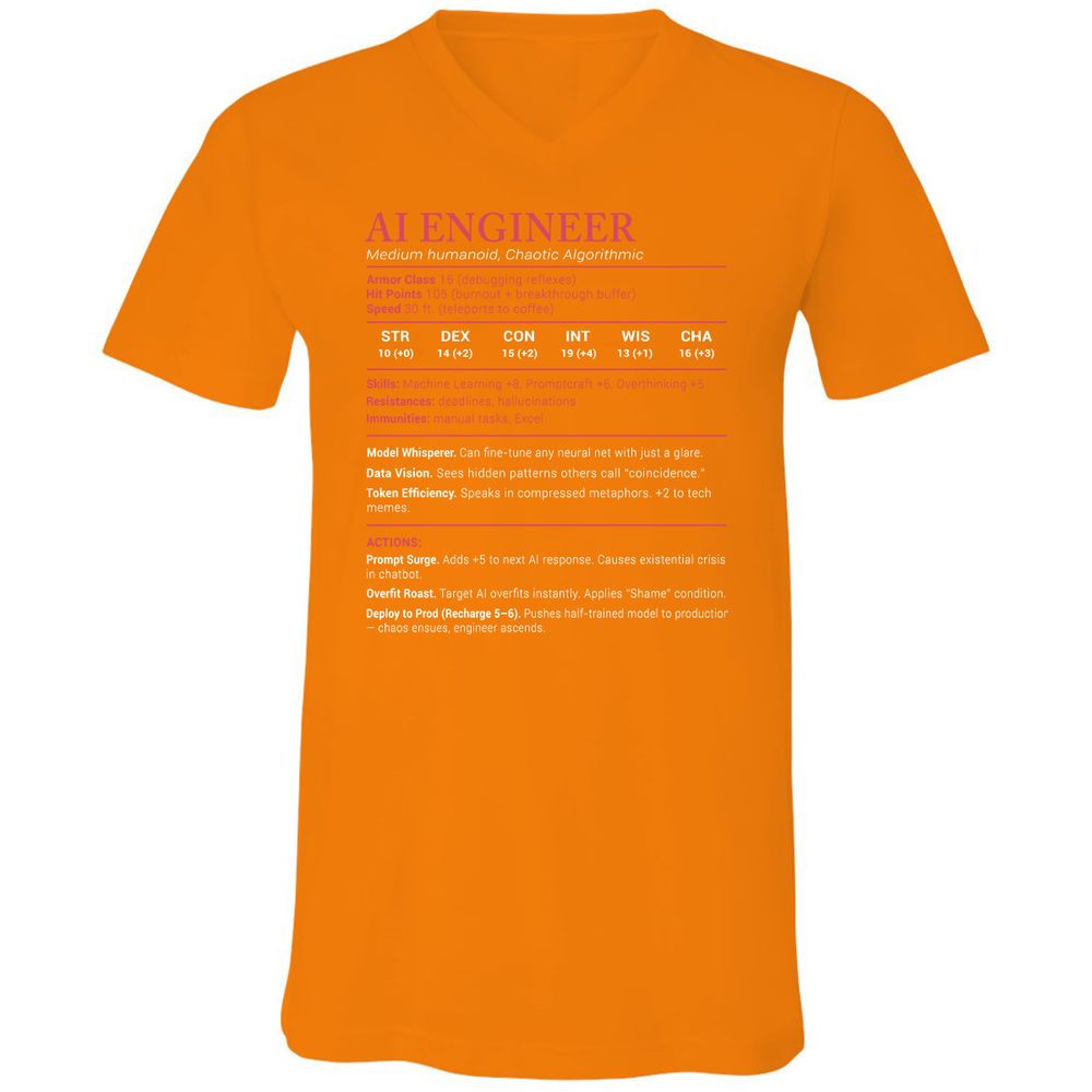 AI Engineer Stats Unisex V-Neck T-Shirt - Orange - 11