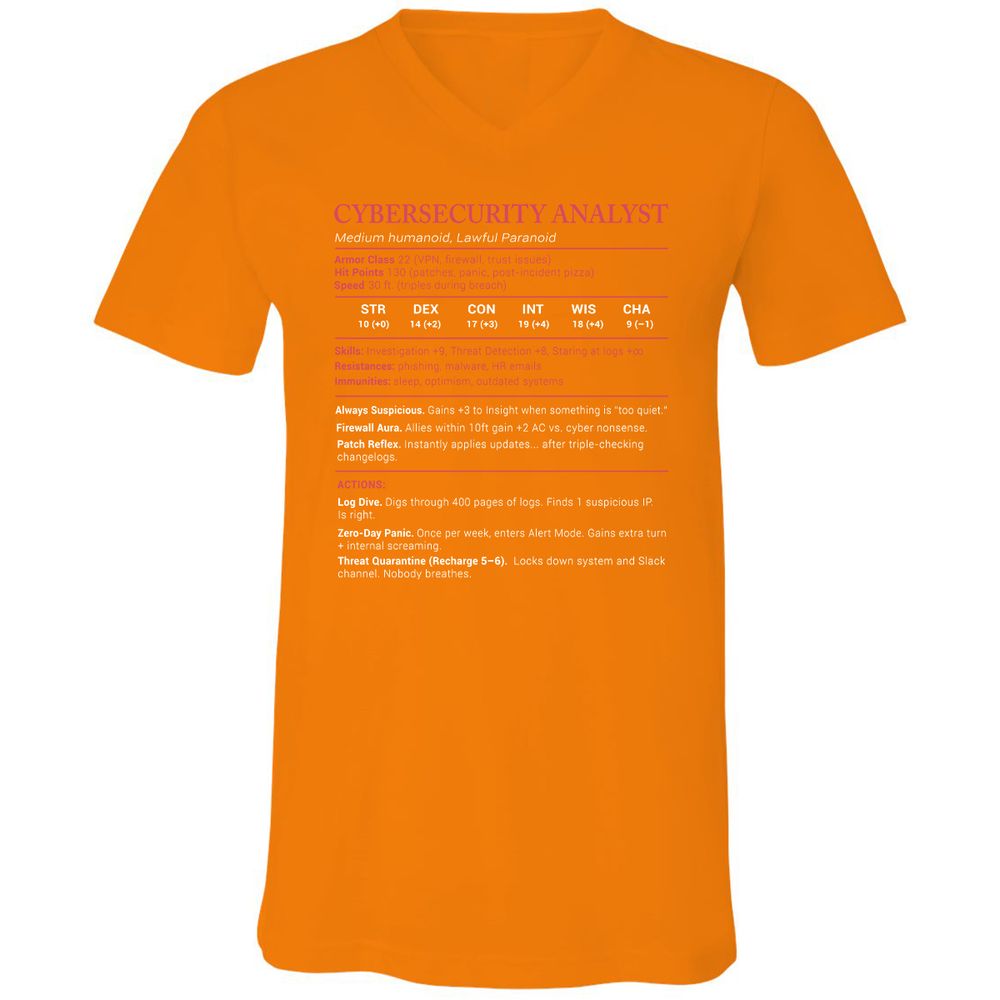 Cybersecurity Analyst Stats Unisex V-Neck T-Shirt - Orange - 11