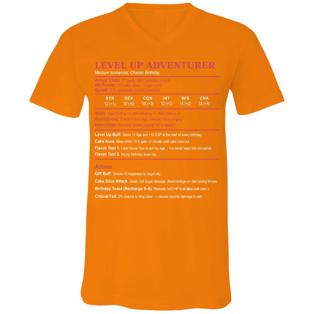 Level Up Adventurer Unisex V-Neck T-Shirt - Orange - 11