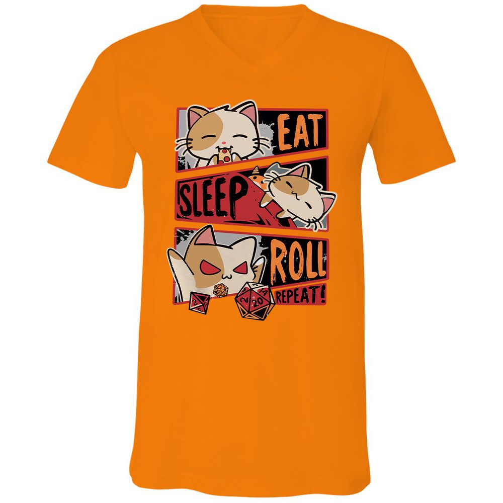 Eat Sleep Roll Repeat Unisex V-Neck T-Shirt - Orange - 11