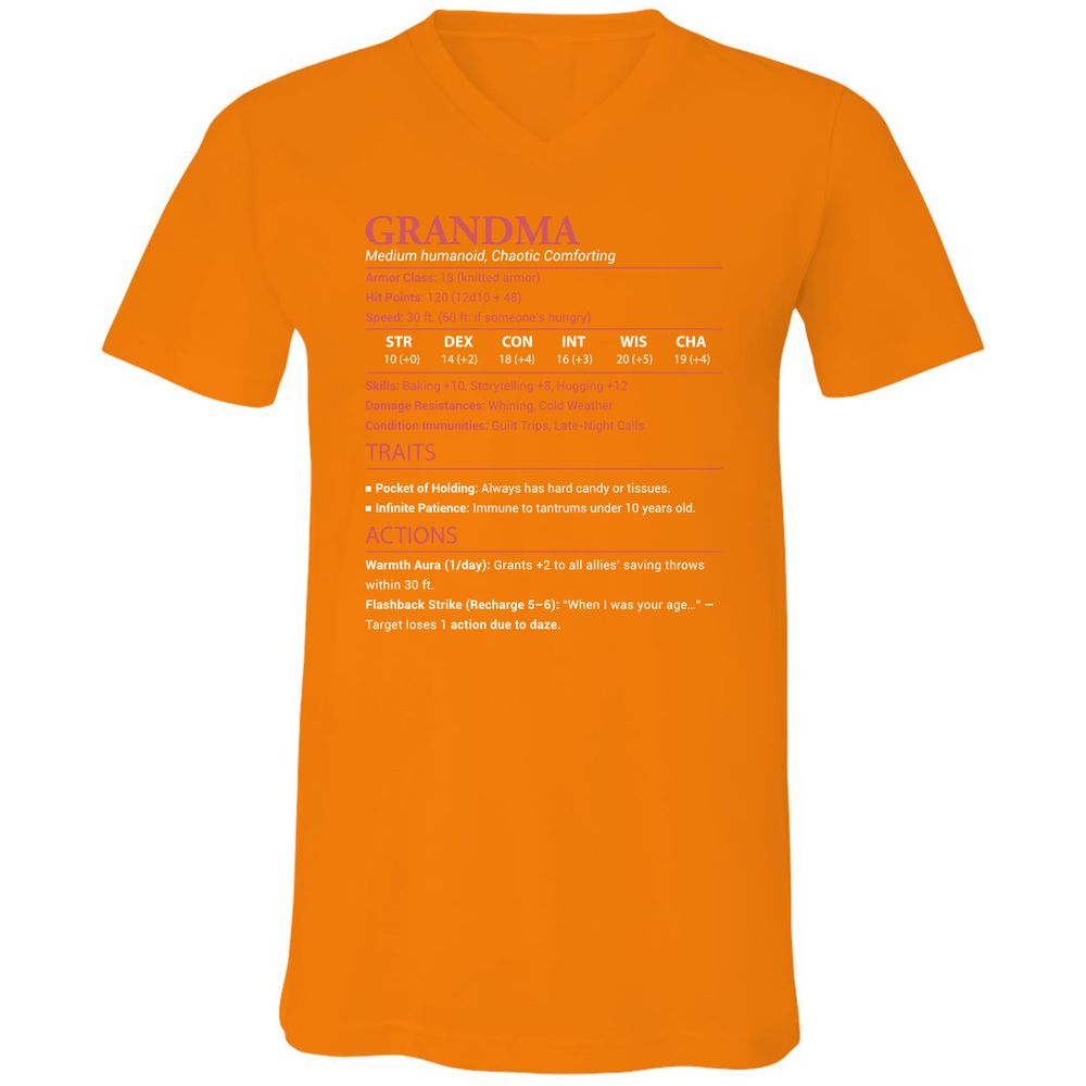 Grandma Stats Unisex V-Neck T-Shirt - Orange - 11