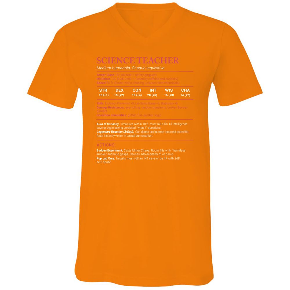 Science Teacher Stats Unisex V-Neck T-Shirt - Orange - 11