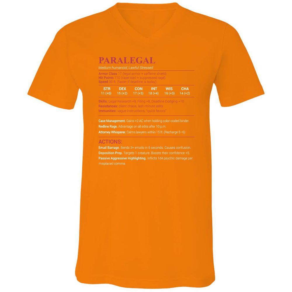 Paralegal Stats Unisex V-Neck T-Shirt - Orange - 11