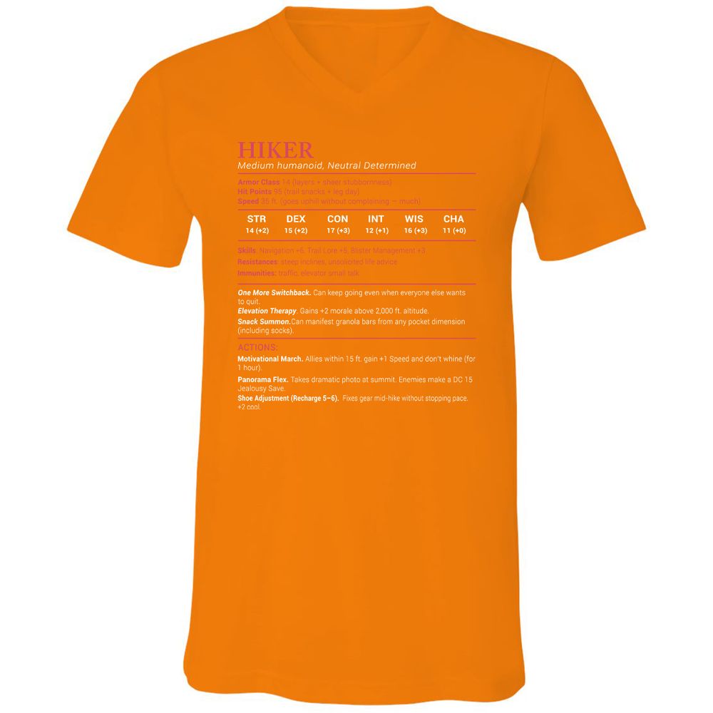 Hiker Stats Unisex V-Neck T-Shirt - Orange - 11